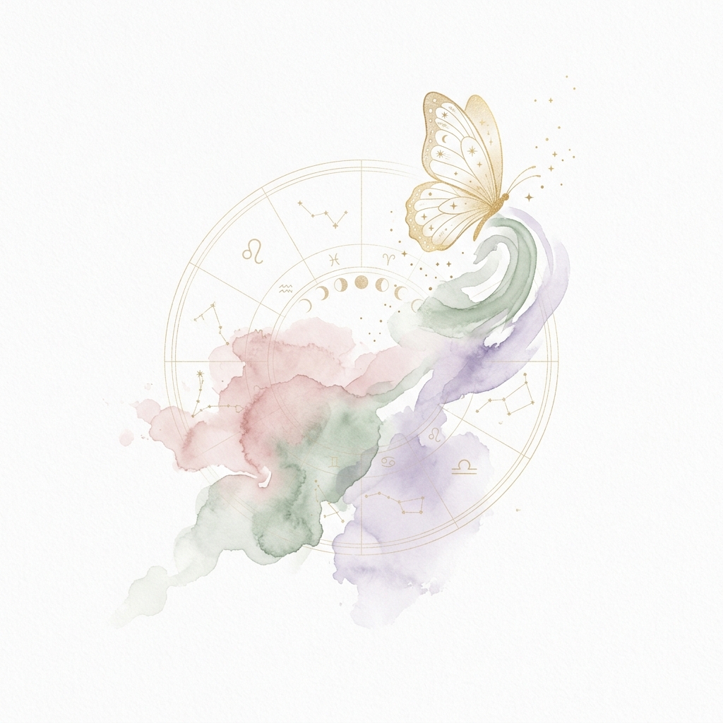 Ilustración abstracta del mapa natal, astrología y mariposa dorada de transformación